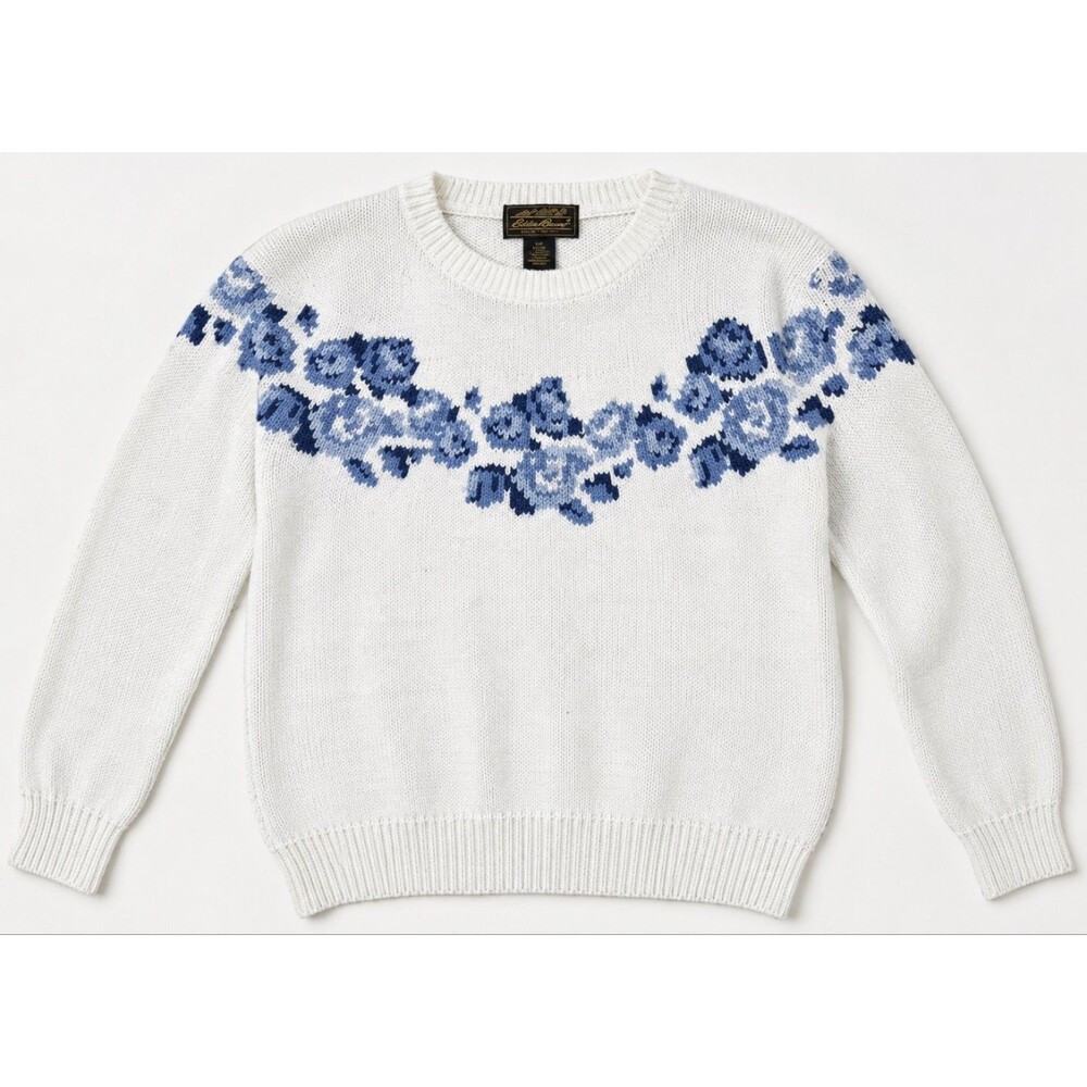 Eddie Bauer vintage Womens White Blue Floral Yoke Knit Sweater Crew Neck Sz S